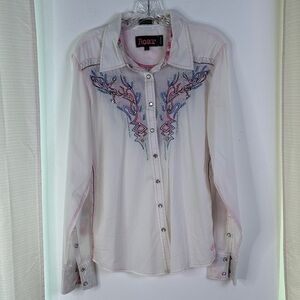Roar White Pink Bling Western Embellished Button Up Shirt Y2K Cowgirl Glam Large